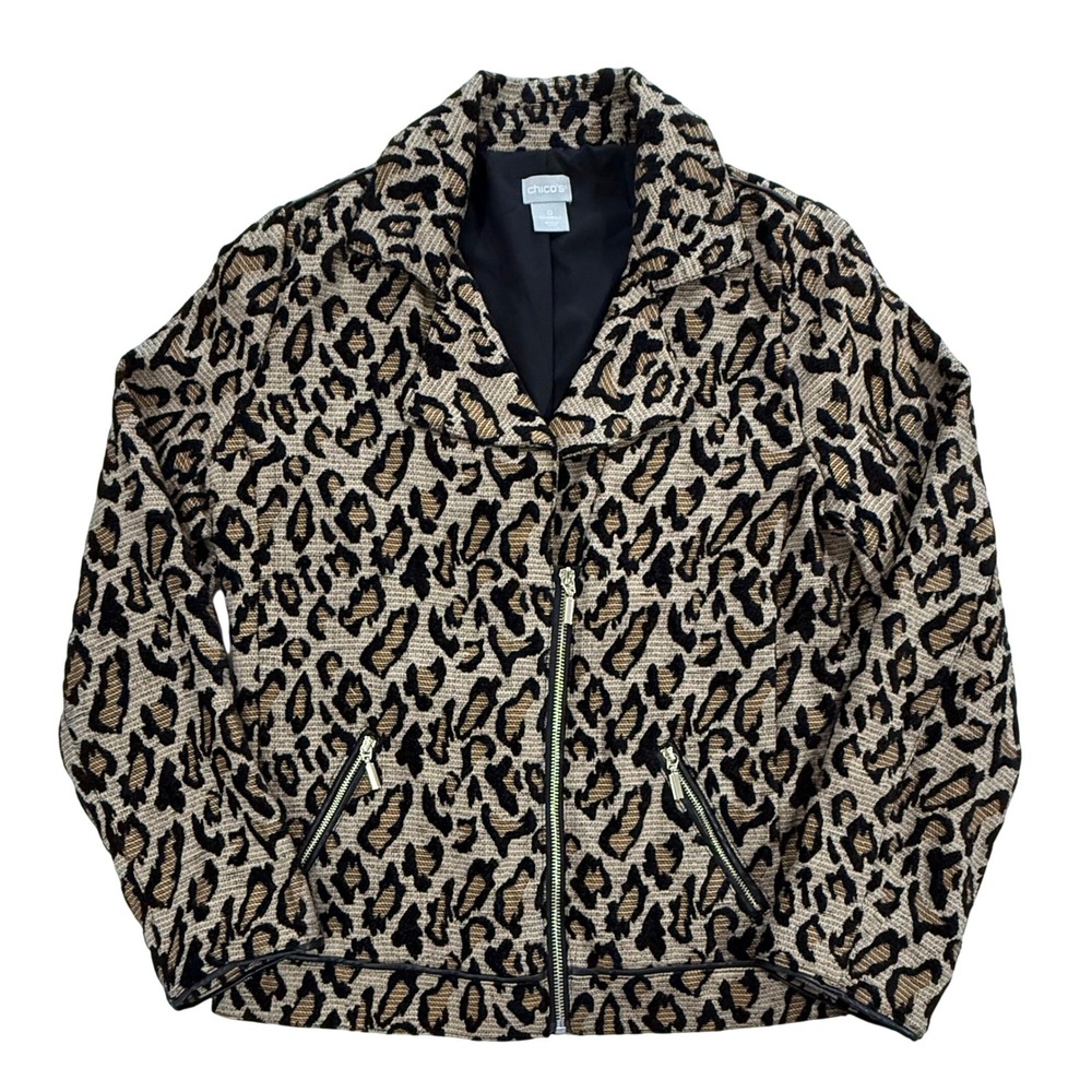 Chicos Moto Jacket Animal Print Jacquard Leather Trim Womens Sz 0 US4 Small W452
